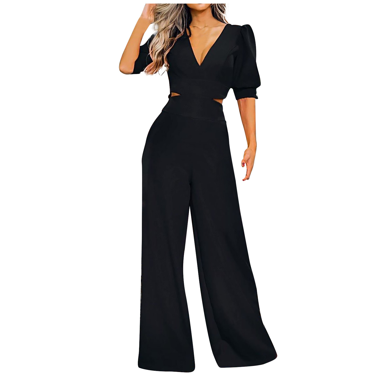 Dressy Jumpsuits Womens One Piece Short Sleeve Long Rompers Overall Cut Out  V Neck Wide Leg Work Dress Jumpsuit (Small, Black) 
